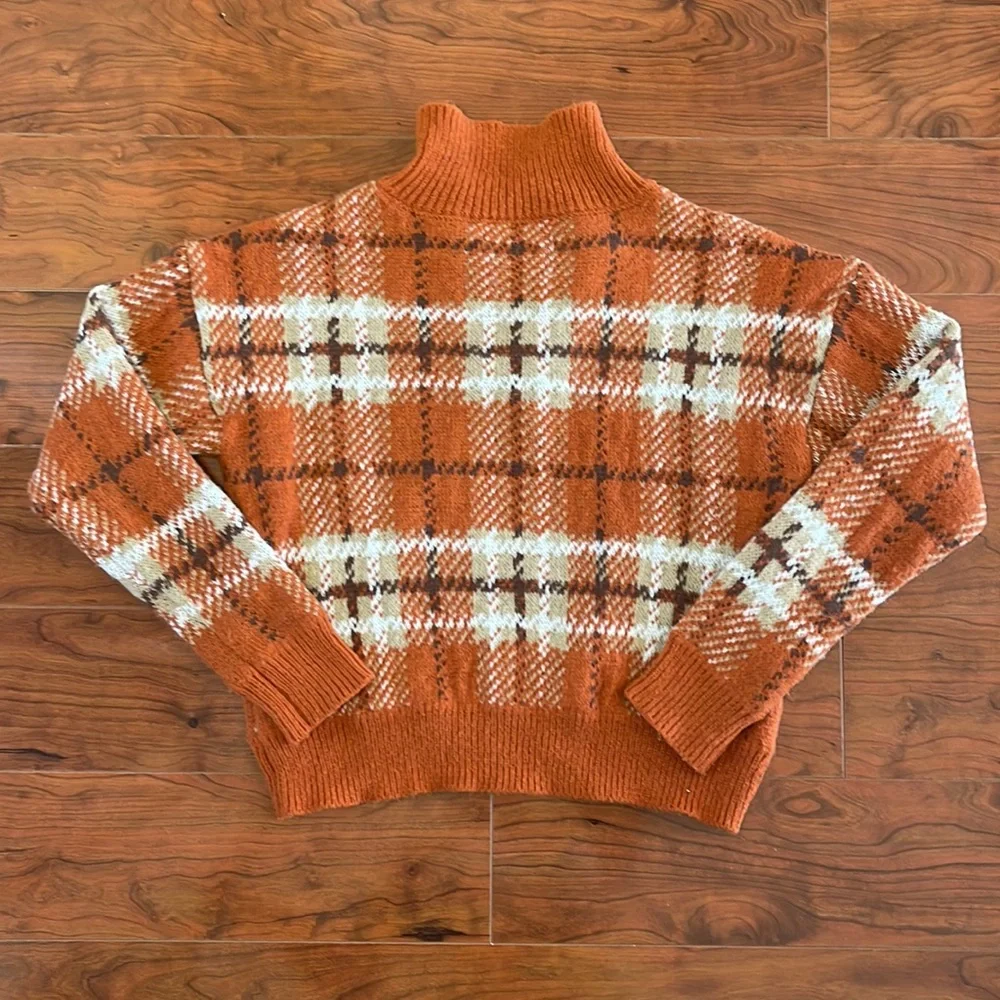 Almost Famous Orange Plaid V Neck Knit Sweater